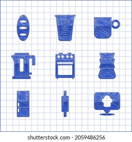 Set Oven, Rolling pin, Chef hat with location, Coffee turk, Refrigerator, Electric kettle, cup and Bread loaf icon. Vector