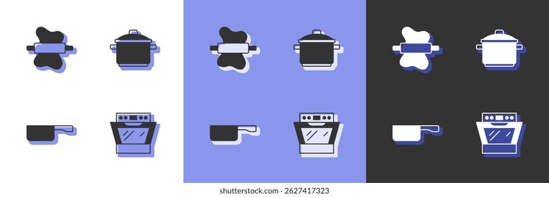 Set Oven, Rolling pin on dough, Frying pan and Cooking pot icon. Vector