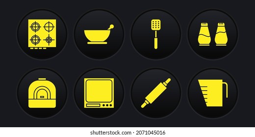 Set Oven, Sal y pimienta, Escalas electrónicas, alfiler rodante, espátula, almirez de mortero, taza de medida e icono de cocina de gas. Vector