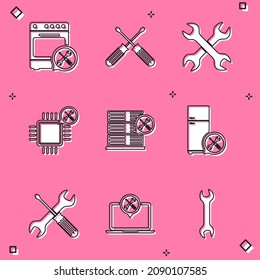 Establezca el servicio Oven, los controladores de pantalla cruzados, los wrenchs, el procesador, el servidor de bases de datos, el refrigerador y el icono de la laptop. Vector