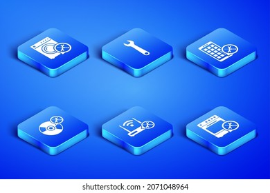 Set Oven service, Washer, Router wi-fi with, CD or DVD disk, Wrench and Mobile Apps icon. Vector