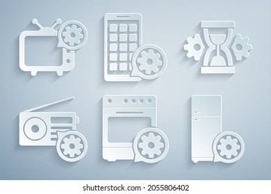 Set Oven setting, Hourglass, Radio, Refrigerator, Mobile Apps and Tv icon. Vector