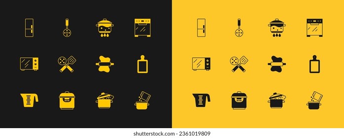 Set Oven, Slow cooker, Rolling pin on dough, Cooking pot, Spatula, fire, Refrigerator and  icon. Vector