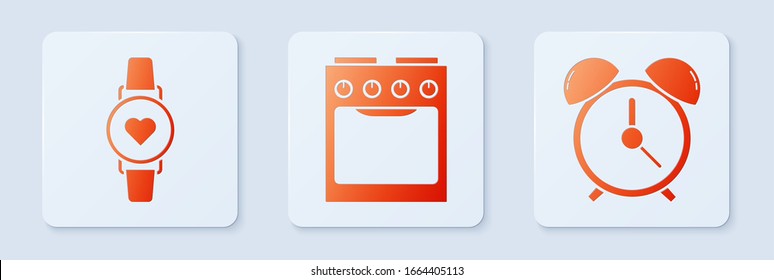 Set Oven , Smart watch showing heart beat rate  and Alarm clock . White square button. Vector