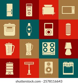 Set Oven, Table lamp, Stereo speaker, Toaster with toasts, Smart watch showing heart beat rate, Slow cooker, Refrigerator and Music player icon. Vector