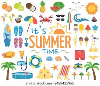 Set with over 40 Colorful and Fun Summer and Beach Items and It's Summer Time Logo. Icons Vector Illustrations II