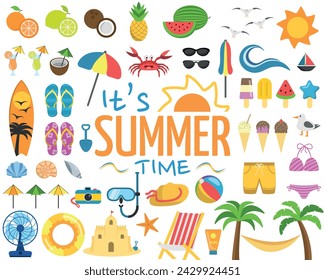 Set with over 40 Colorful and Fun Summer and Beach Items and It's Summer Time Logo. Icons Vector Illustrations III