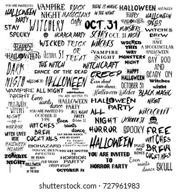 Set of over 50 black and white Halloween scary and spooky quotes about holiday, horror and witches, handmade font lettering collection, Halloween calligraphy illustration. Vector.