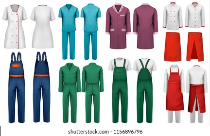 Set of overalls with worker and medical clothes. Design template. Vector illustration. 