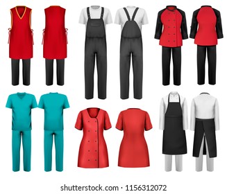 Set of overalls with worker and shefcooks and medical clothes. Design template. Vector illustration. 