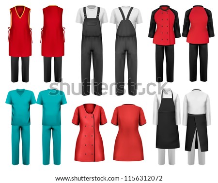 Set of overalls with worker and shefcooks and medical clothes. Design template. Vector illustration. 