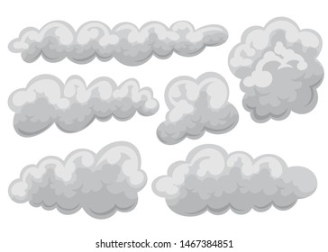 Set of overcast and clouds icon in cartoon and flat style. Isolated object on white background in different forms. Vector illustration.
