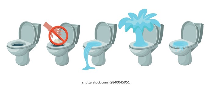 Set of overflowing toilets showing different toilet blockage problems: rising water, overflowing bowl and water spraying upward like a fountain. Cartoon vector illustration isolated on a white background.