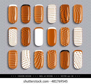 A set overhead nail, labels, stickers, elements for design. Ideas for manicure, pedicure, beauty salons, modeling agencies. Fashion trends. Collection in color. Vector illustration 