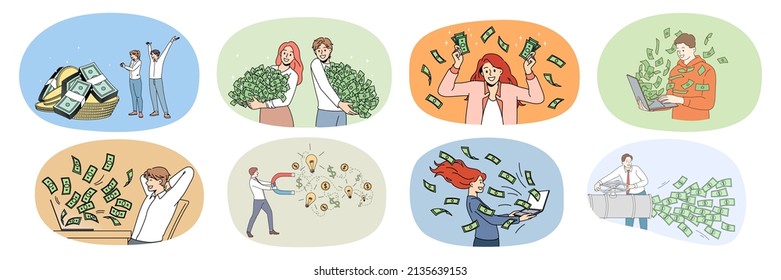 Set of overjoyed diverse people with stacks of money excited with lottery win or victory. Bundle of happy men and women get dividend from successful investment. Finance, bank. Vector illustration. 