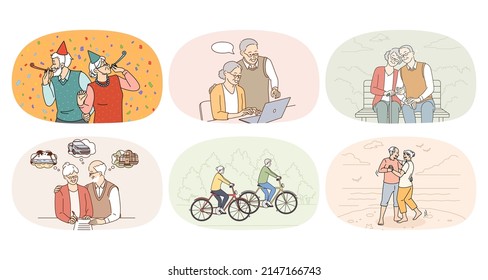 Set Of Overjoyed Energetic Grandparents Have Fun Relax Together. Collection Of Happy Old People Enjoy Active Maturity And Pension. Elderly Lifestyle And Retirement. Flat Vector Illustration. 