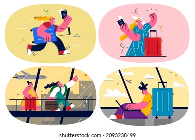 Set of overjoyed travelers with suitcases ready for summer vacation. Happy people excited travelling, have holiday or weekend abroad. Adventure and journey concept. Flat vector illustration. 