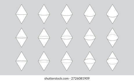 Conjunto de conos superpuestos y diamantes desde varios ángulos. Ilustración vectorial geométrica