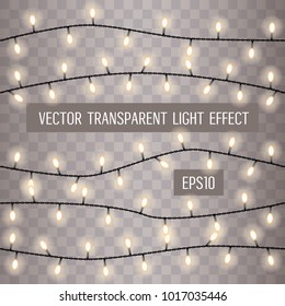 Set of overlapping, glowing string lights on a transparent background. Vector illustration. Template for greeting card, poster, flyer, banner