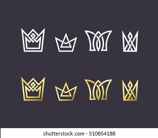 Set of overlapping line crowns. Pack of vector isolated symbols for dark backgrounds