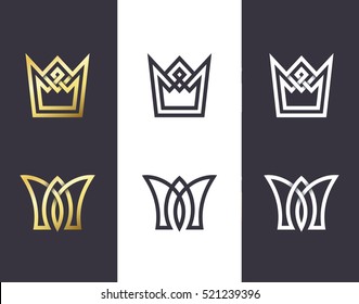 Set of overlapping line and monoline crowns. Pack of vector isolated symbols and emblems. 