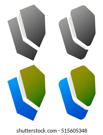 Set of overlapping shield icons / signs. (Rounded, edgy and colored, uncolored versions)