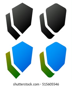 Set of overlapping shield icons / signs. (Rounded, edgy and colored, uncolored versions)