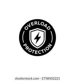 Set overload protection icon, logo, label, badge, symbol, sign, circle, sticker, symbol, emblem, stamp, banner, black, flat vector, isolated illustration. Surge protection symbol.