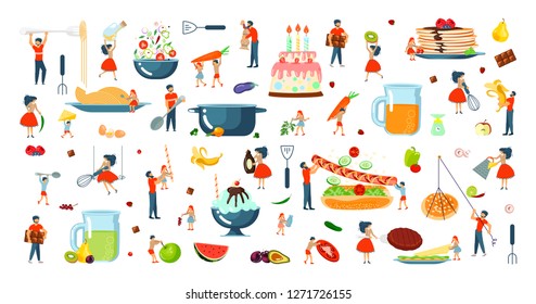 Set of oversize dish and tiny people characters family on cooking master class concept. Vector illustration eps