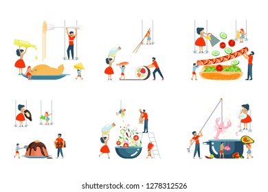 Set of oversize dish and tiny people characters family on cooking master class concept. Vector illustration eps