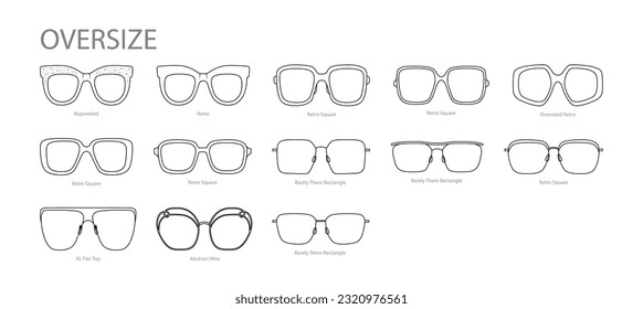 Set von Oversize Rahmen Brillen Mode-Accessoires Illustration. Sonnenbrillen-Frontansicht für Männer, Frauen, unisex-Silhouette-Stil, flache Felgenbrille mit Brille im Stil der Objektivskizze einzeln