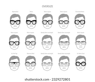 Set of Oversize frame glasses on men face character fashion accessory illustration. Sunglass front view unisex silhouette style, flat rim spectacles eyeglasses with lens sketch style outline isolated