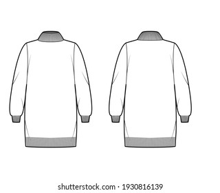 Set of oversized knit Sweater dresses, technical fashion illustrations. Rib turtleneck with long sleeves and mini length. Flat apparel template front, back, white color style. WomenCAD mockup