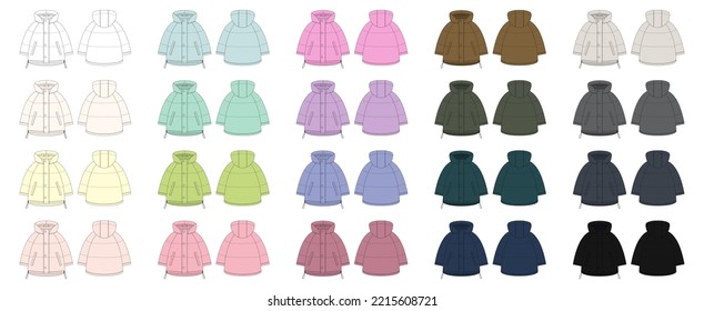 Set of oversized raglan puffer winter down coat technical sketch. Women's quilting jacket design template collection. Children's outerwear mock up. Front and back views. Vector CAD design illustration