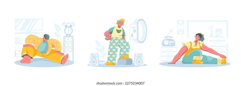 Set of overweight cartoon characters doing morning exercises. Time for fitness at home. Unhealthy and healthy lifestyle. Process of weightloss. Vector
