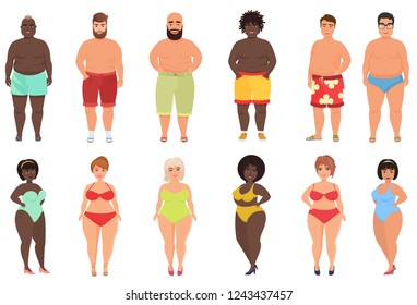 Set of overweight, fat curvy women girls and beach man in swimming bath suits vector illustration.