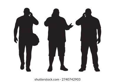 Set of Overweight Men Talking on Smartphone Casual Silhouette