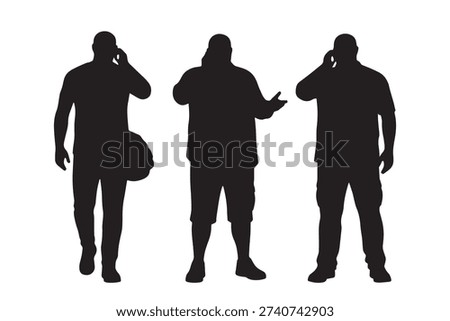 Set of Overweight Men Talking on Smartphone Casual Silhouette