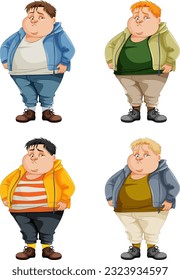Set übergewichtiger verstörter Zeichentrickfigur eines Jungen in verschiedenen Outfit-Illustrationen