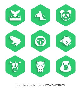 Set Owl bird, Hippo or Hippopotamus, Goose, Puffer fish, Rhinoceros, Frog, Cute panda face and Whale tail ocean wave icon. Vector