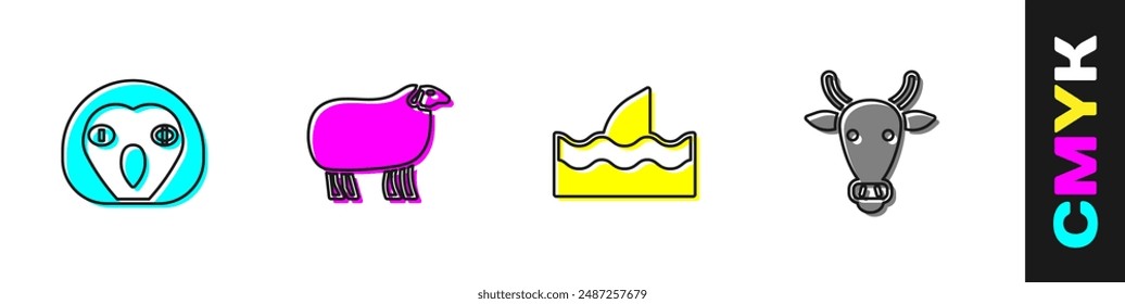 Set Owl bird, Sheep, Shark fin in ocean wave and Cow head icon. Vector