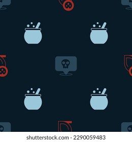 Set Owl bird, Skull and Halloween witch cauldron on seamless pattern. Vector