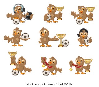 Juego al fútbol de aves de búho. Ganar en el campeonato de fútbol. Copa Deportiva y medalla. Aislado en ilustración de caricaturas de vector blanco