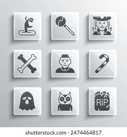 Set Owl bird, Tombstone with RIP written, Christmas candy cane, Priest, Ghost, Crossed bones, Zombie hand and Witch icon. Vector