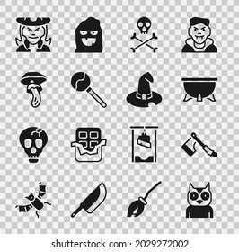 Set Owl bird, Wooden axe, Halloween witch cauldron, Skull crossbones, Lollipop, Psilocybin mushroom, Witch and hat icon. Vector