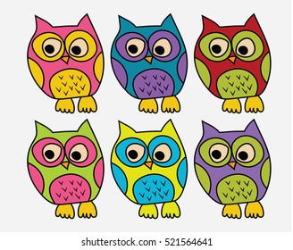 Set Owl Different Colors Cartoon Illustration Stock Vector (Royalty ...