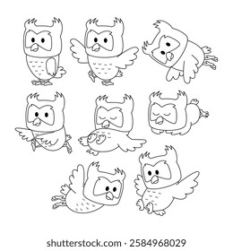 Set of owl doodle collection, flamingo outline coloring page book animals for kindergarten, Vector line art set of animals wildlife, Hand drawn, Minimal owl line art doodle in different pose