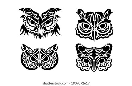 Set of owl face in boho style. Good for clothing and textiles. 