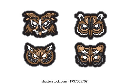 Set of owl face in boho style. Good for clothing and textiles. Vector illustration.