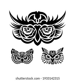 Set of Owl Faces print. Polynesia and Maori patterns. Good for t-shirts, cups, phone cases and more. Vector illustration.